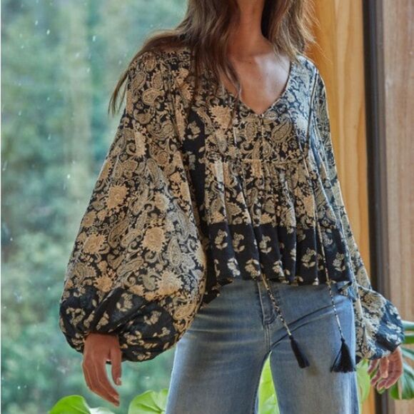 Muse Tops - Muse Black/ Tan Sherry Paisley Baby Doll Bohemian Peasant Blouse Size Small